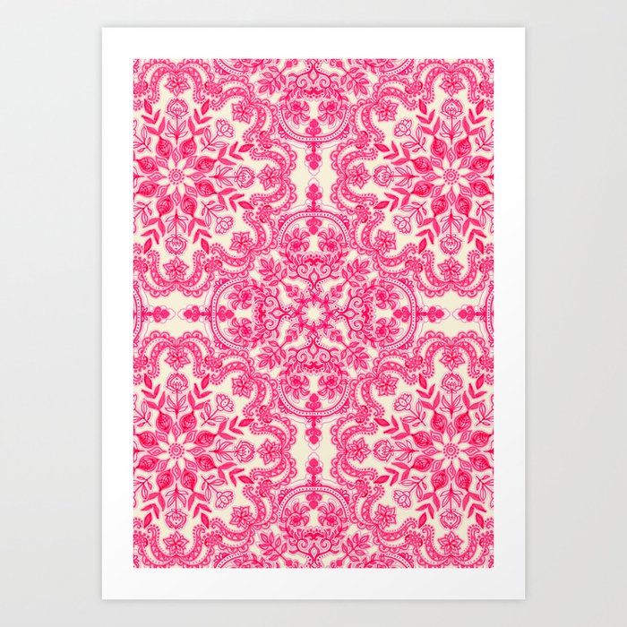 Hot Pink & Soft Cream Folk Art Pattern Art Print