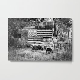 An American Classic With The Stars And Stripes - Black and White Metal Print | Blackandwhite, Usaflag, Barn, Bwprints, Rustic, Classictruck, Monochrome, Grayscale, Fineart, Bwflag 