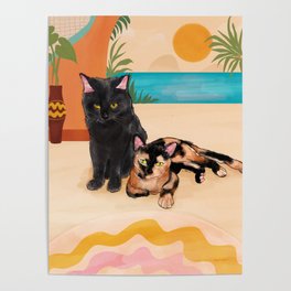 Sunny Day Beach Cat Buddies Poster | Cute, Pets, Retro, Funny, Topical, Botanical, Sea, Beach, Persian, Summer 