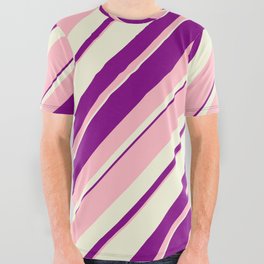 [ Thumbnail: Light Pink, Beige, and Purple Colored Lined/Striped Pattern All Over Graphic Tee ]