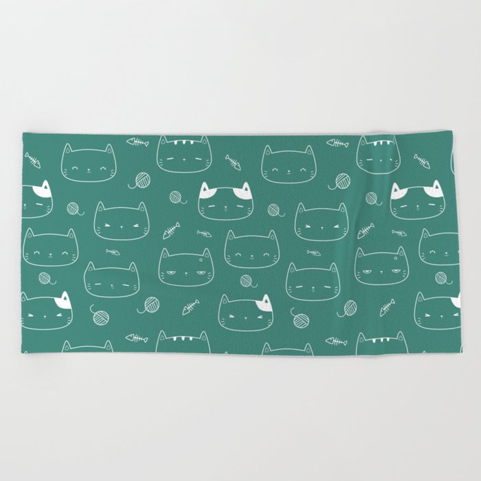Green Blue and White Doodle Kitten Faces Pattern Beach Towel