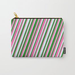 [ Thumbnail: Forest Green, Hot Pink, and Light Cyan Colored Stripes/Lines Pattern Carry-All Pouch ]