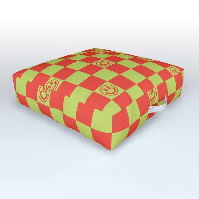 Smiley Face & Checkerboard (Red & Acid Green) Outdoor Floor Cushion