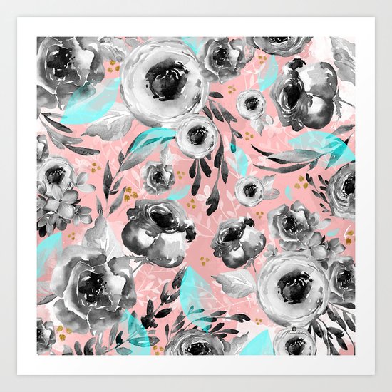 blooms flowers black and white Art Print