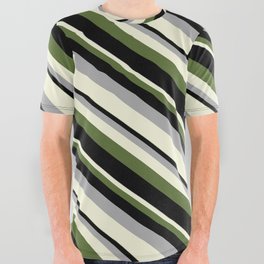 [ Thumbnail: Dark Grey, Beige, Dark Olive Green, and Black Colored Striped/Lined Pattern All Over Graphic Tee ]