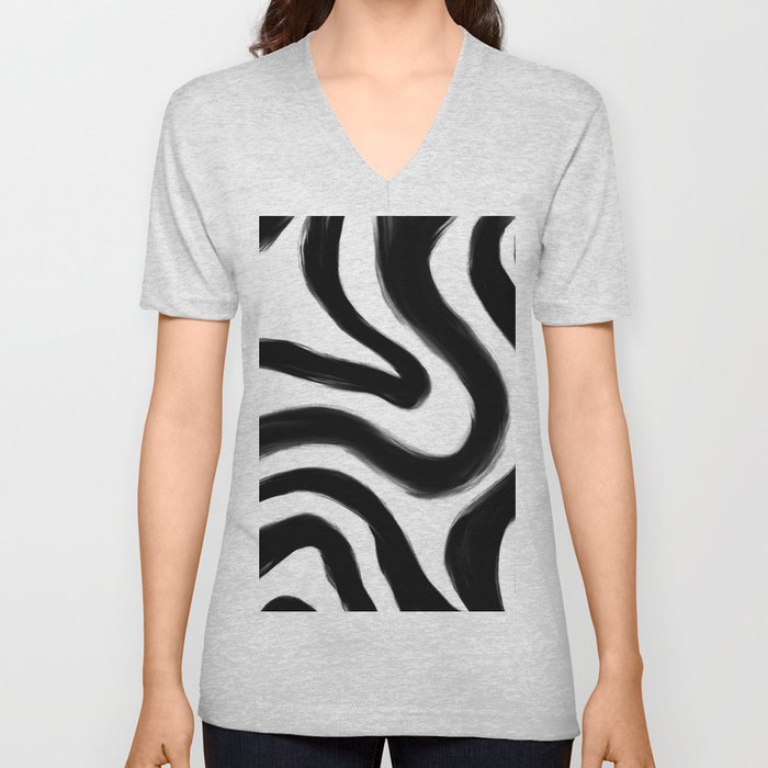 Black and White Swirl Lines V Neck T Shirt