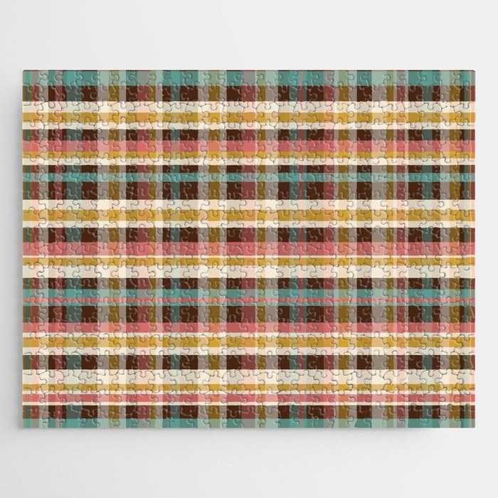 Retro Midcentury Modern Plaid Pattern Teal Brown Coral Gold Beige Jigsaw Puzzle