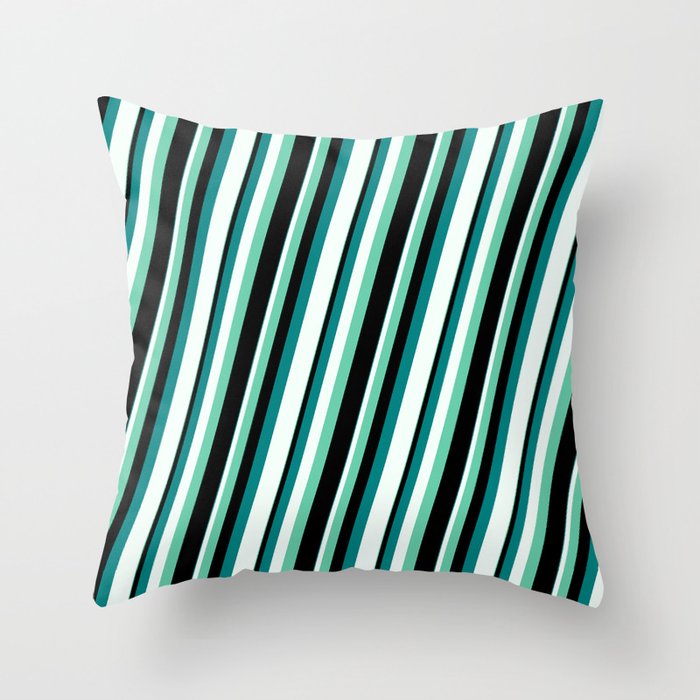 Aquamarine, Black, Teal, and Mint Cream Colored Lined Pattern Throw Pillow