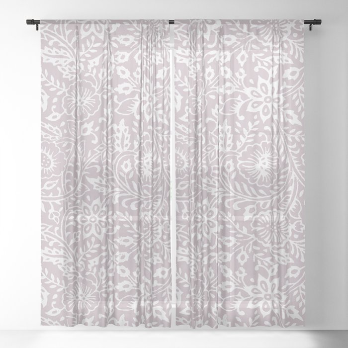 Woodblock print repeating pattern in gray and white Sheer Curtain