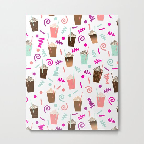 Coffee party retro swirl zig zag symbols 80s rad neon hot pink iced coffees latte milkshake food Metal Print