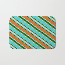 [ Thumbnail: Turquoise, Dark Green, Chocolate & Powder Blue Colored Lines Pattern Bath Mat ]