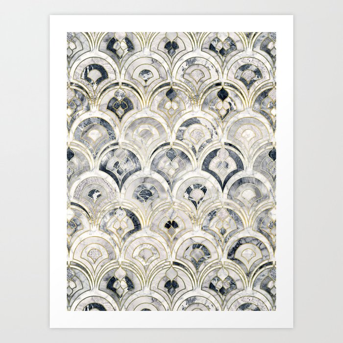 Monochrome Art Deco Marble Tiles Art Print
