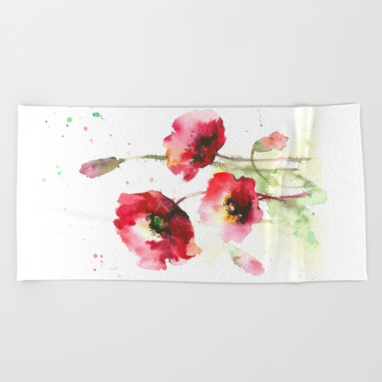 Watercolor flowers of poppy Beach Towel