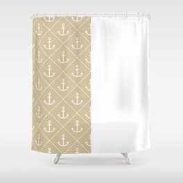 White Anchors on Beige and White Vertical Split Shower Curtain