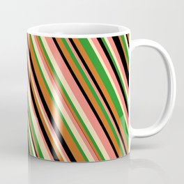 [ Thumbnail: Eye-catching Salmon, Beige, Forest Green, Chocolate, and Black Colored Lines/Stripes Pattern Coffee Mug ]