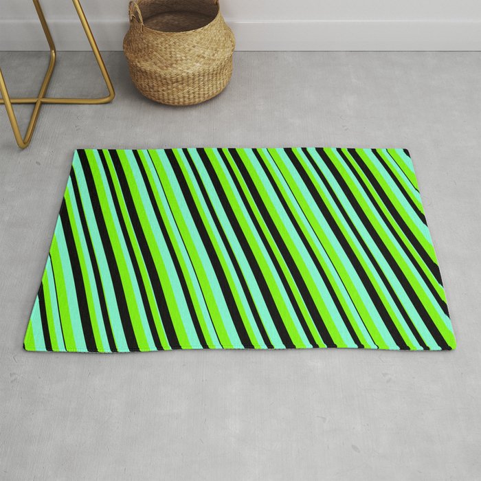 Aquamarine, Green & Black Colored Lines/Stripes Pattern Rug