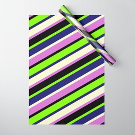 [ Thumbnail: Vibrant Chartreuse, Midnight Blue, Light Yellow, Orchid, and Black Colored Striped Pattern Wrapping Paper ]