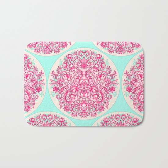 Spring Arrangement - floral doodle in pink & mint Bath Mat