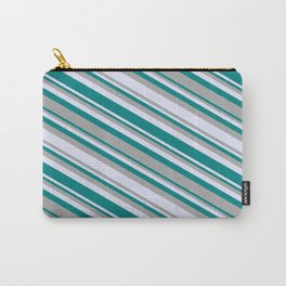 [ Thumbnail: Dark Grey, Lavender, and Teal Colored Stripes Pattern Carry-All Pouch ]