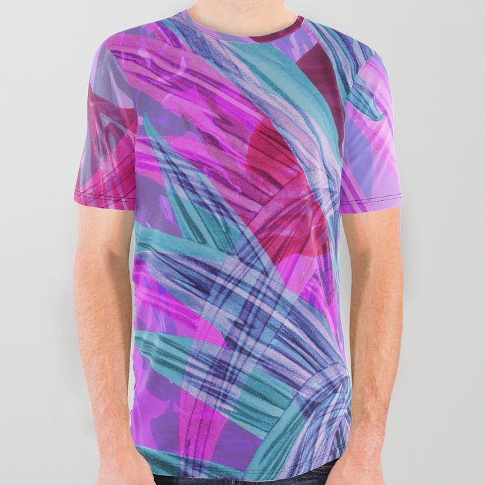 Wild Flower Leaves abstract Art Pink Blue Colorful All Over Graphic Tee