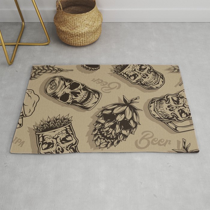 Beer vintage monochrome seamless pattern with mugs cups aluminum cans hop cones in skull shapes vintage illustration Rug