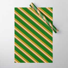 [ Thumbnail: Eyecatching Dark Green, Dark Goldenrod, Beige, Coral & Dark Olive Green Colored Lined Pattern Wrapping Paper ]