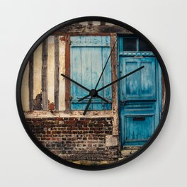 Blue Door in Old French House - Medieval Facade Architecture - France Travel Photography Wall Clock