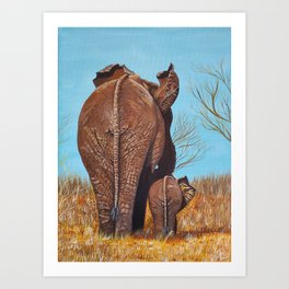 Mother and Baby Elephant Butts Walking Away Art Print