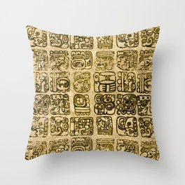 Mayan and aztec glyphs gold on vintage texture Throw Pillow