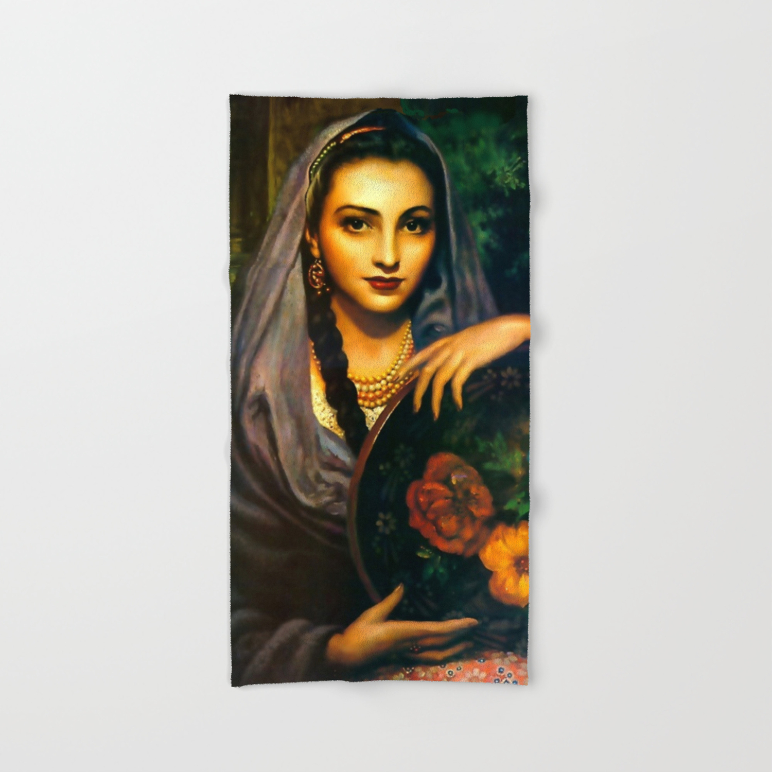 Jesus Helguera Painting Of A Calendar Girl With Dark Shawl Hand