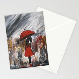 Girl In Red Raincoat Umbrella Rainy Day Fine Art Print Of Acrylic Painting Stationery Cards