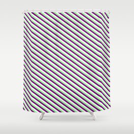 [ Thumbnail: Green, Purple & White Colored Lines/Stripes Pattern Shower Curtain ]