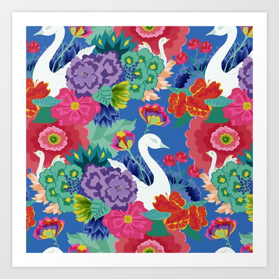 Swans & Flowers Art Print