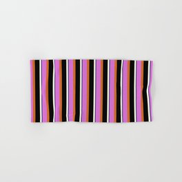 [ Thumbnail: Orchid, Chocolate, Black, Beige & Midnight Blue Colored Lined/Striped Pattern Hand & Bath Towel ]