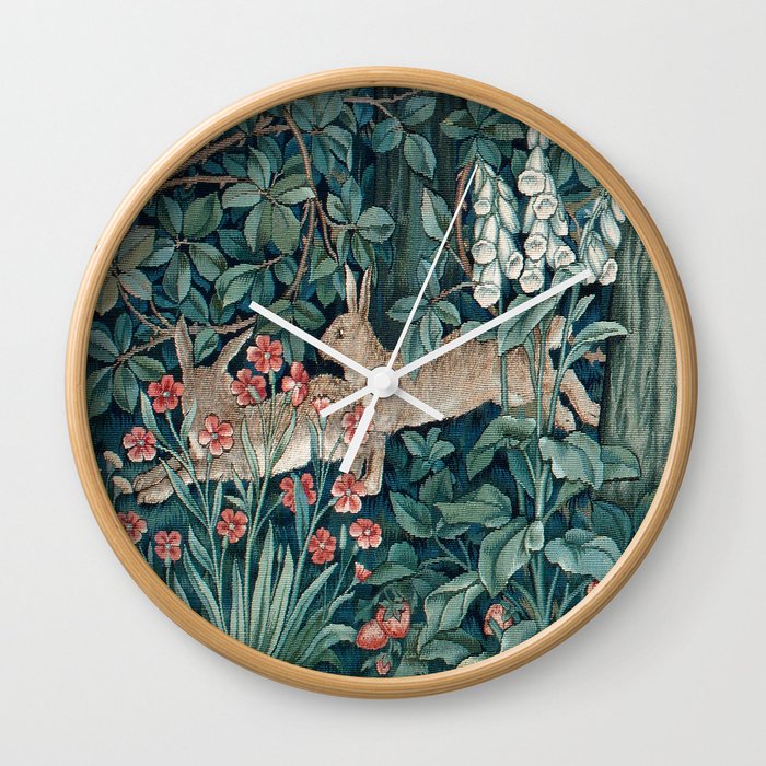William Morris Forest Rabbits and Foxglove Greenery Wall Clock