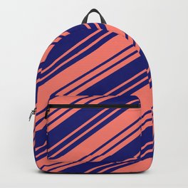 [ Thumbnail: Salmon & Midnight Blue Colored Stripes/Lines Pattern Backpack ]