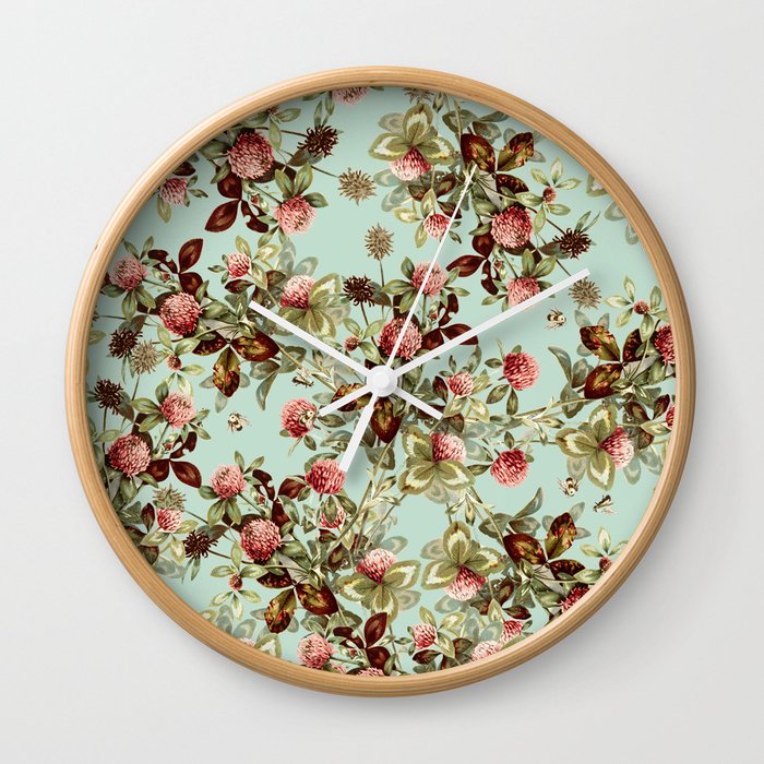 Vintage shabby green pink coral floral pattern Wall Clock