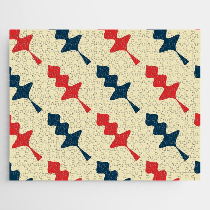 Abstract Minimal Leaves pattern -  Amaranth Red and Prussian Blue Jigsaw Puzzle