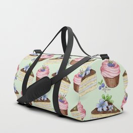 Watercolor texture with blueberries cupcakes and a piece of vanilla cake Duffle Bag