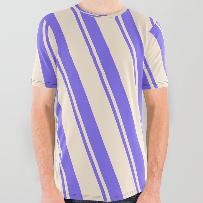 Beige and Medium Slate Blue Colored Striped Pattern All Over Graphic Tee
