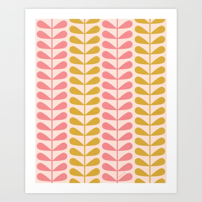 Palm Springs Midcentury Leaves, Retro Botanical Pattern, Blush, Gold Art Print