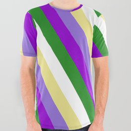 [ Thumbnail: Colorful Tan, Purple, Dark Violet, Forest Green, and White Colored Stripes/Lines Pattern All Over Graphic Tee ]