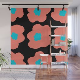 Large Pop-Art Retro Flowers in Coral on Black Background  Wall Mural