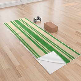 [ Thumbnail: Forest Green and Tan Colored Lined Pattern Yoga Towel ]