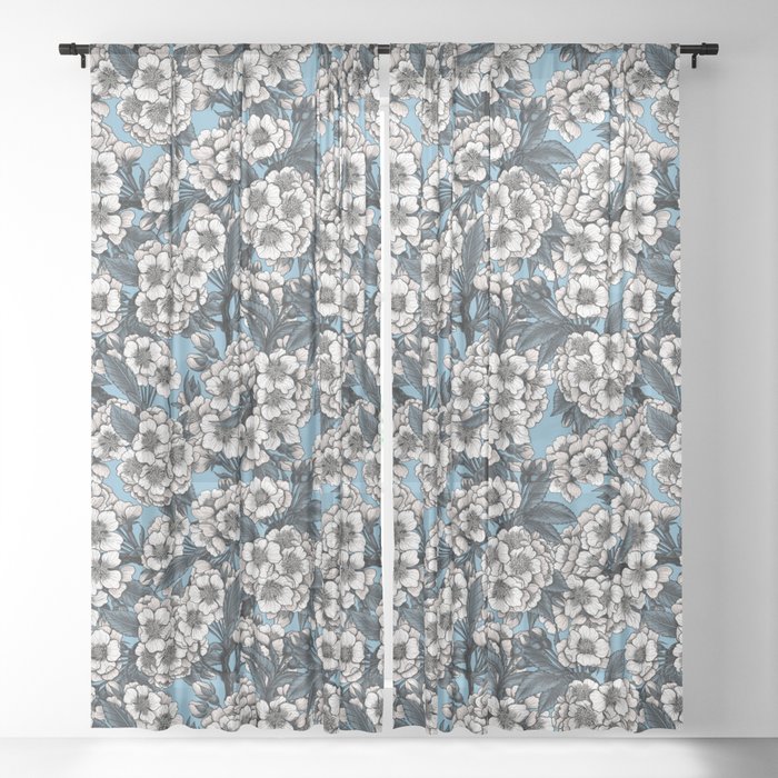 Cherry blossom in white and blue Sheer Curtain