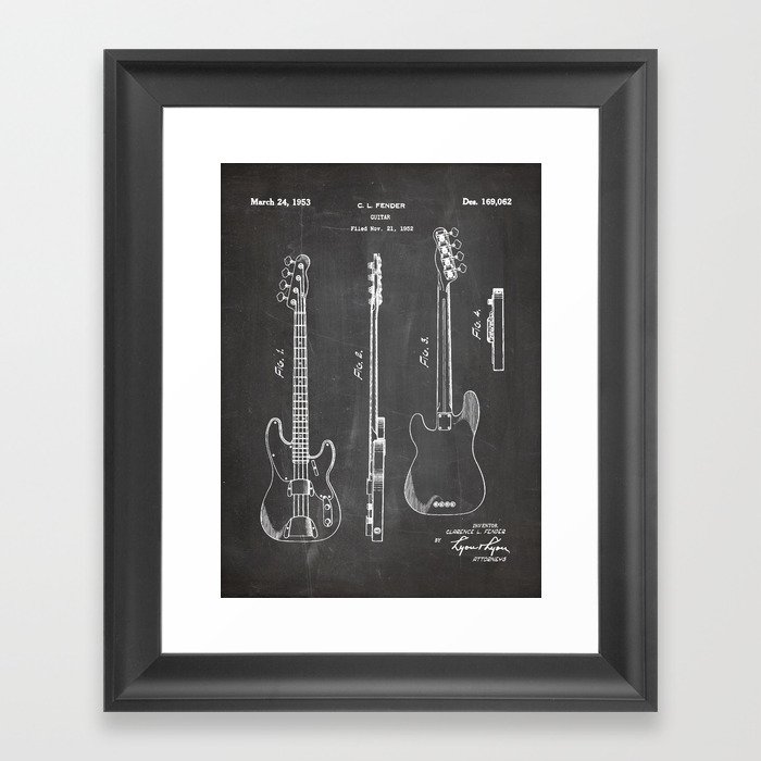 Bass Guitar Patent - Bass Guitarist Art - Black Chalkboard Framed Art Print