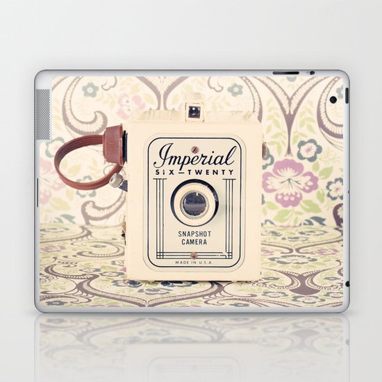 Retro Beige Camera on a Violet Paisley Background Laptop & iPad Skin