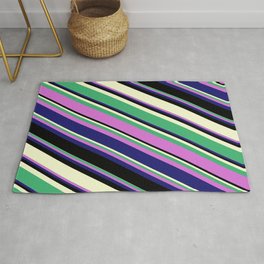 [ Thumbnail: Sea Green, Orchid, Midnight Blue, Black, and Light Yellow Colored Lines/Stripes Pattern Rug ]