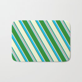 [ Thumbnail: Light Yellow, Deep Sky Blue, Forest Green & Grey Colored Stripes Pattern Bath Mat ]