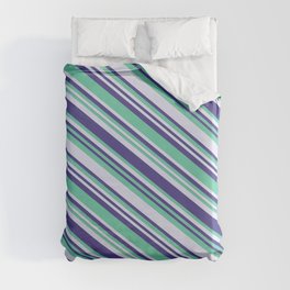 [ Thumbnail: Aquamarine, Lavender & Dark Slate Blue Colored Lined/Striped Pattern Duvet Cover ]